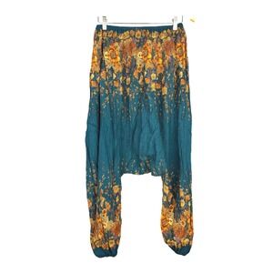 Boho‎ Floral Harem Pants M Balloon Hem Teal Crinkle Festival Hippie Comfortable
